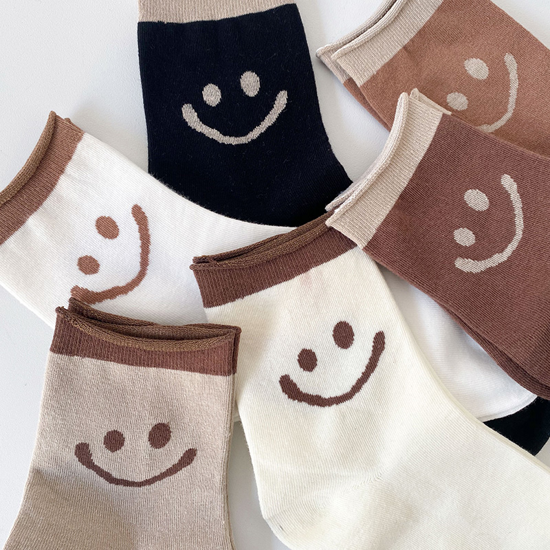 笑脸卷边中筒袜子女可爱日系ins潮韩国棉袜春秋夏季长袜