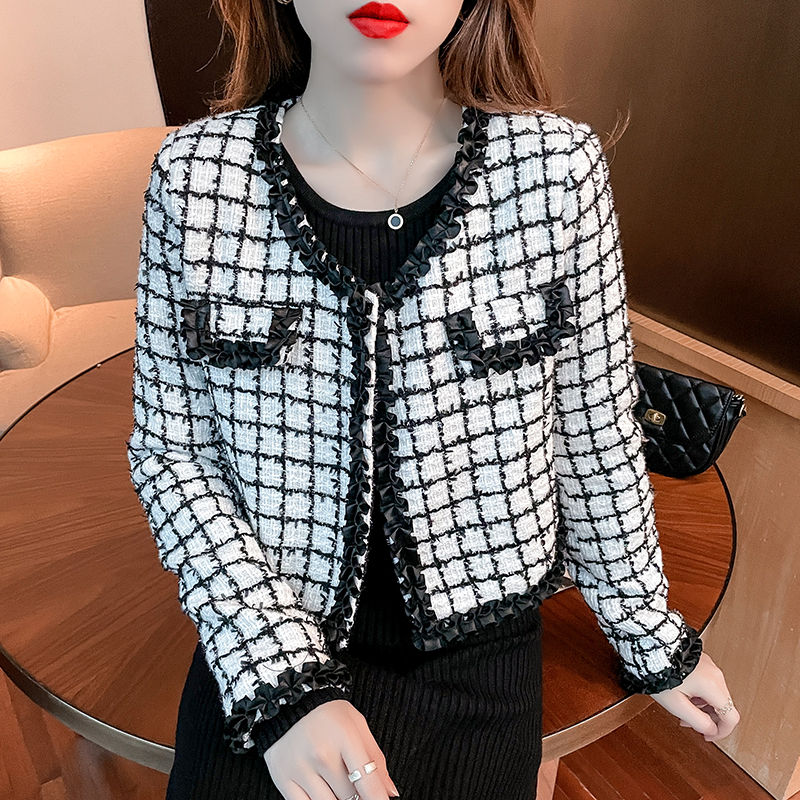 秋装新款时尚撞色格子长袖开衫上衣