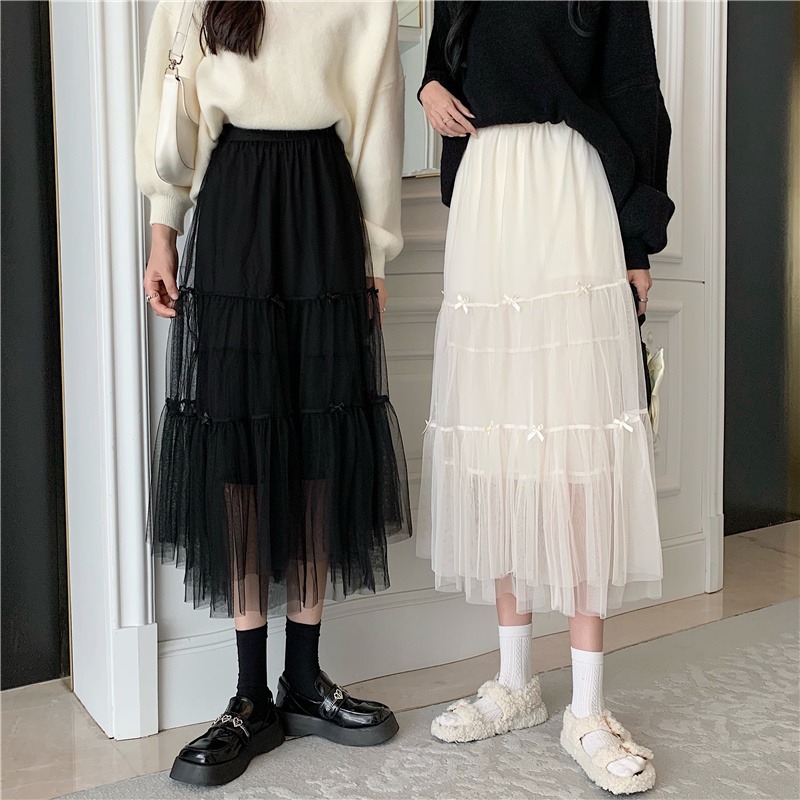 新款韩版松紧腰显瘦中长款网纱A字半身裙女