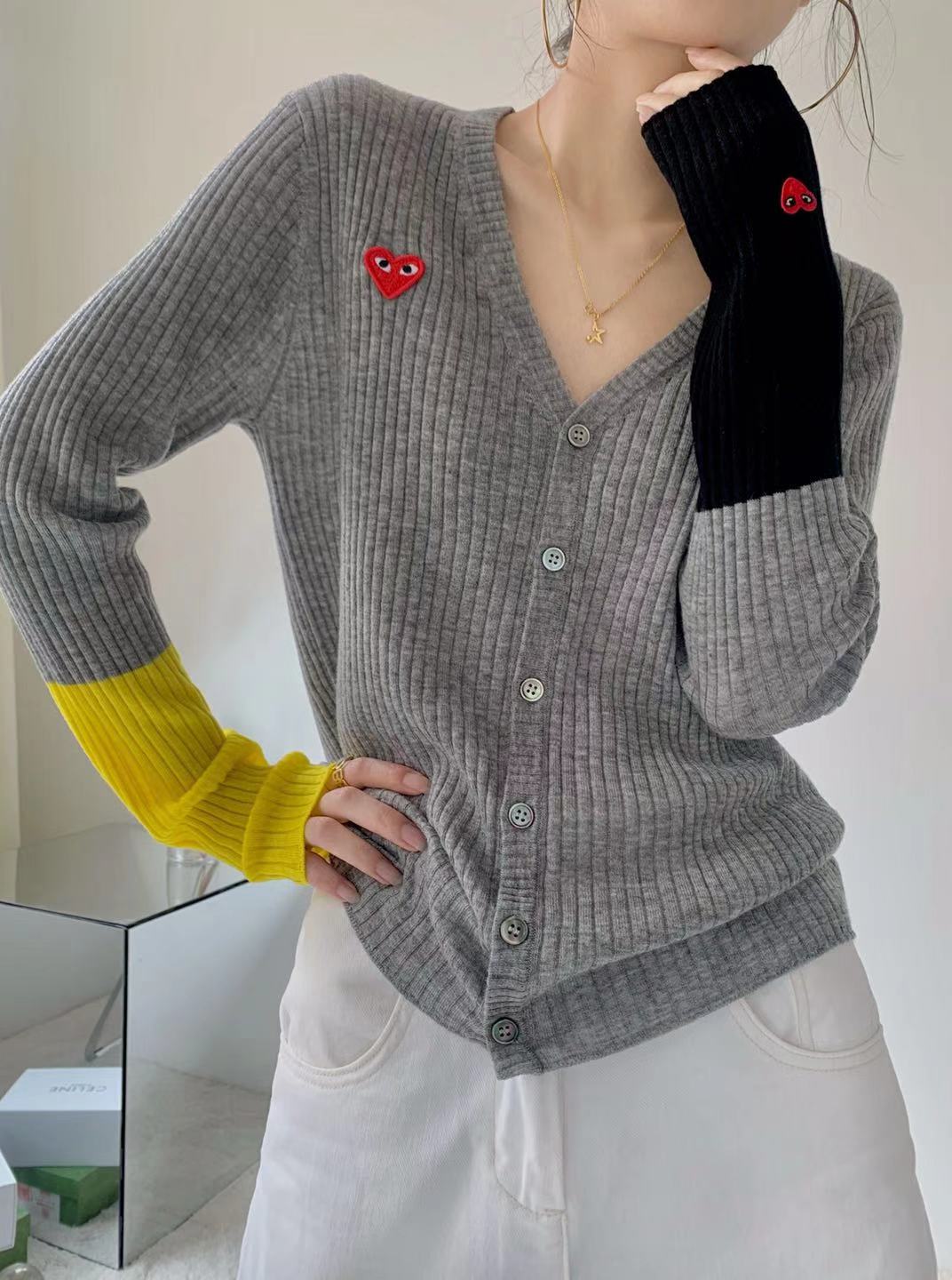 秋季新款韩版长袖v领拼色单排扣爱心针织衫女开衫