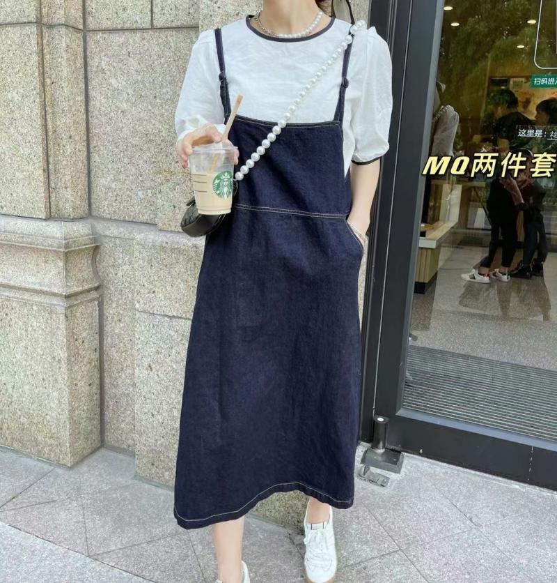 新款夏季吊带连衣裙女小个子开叉牛仔裙时尚宽松中长款套装