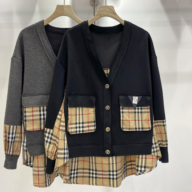 太空棉拼接格子外套女欧洲站秋季新款欧货大口袋短款开衫