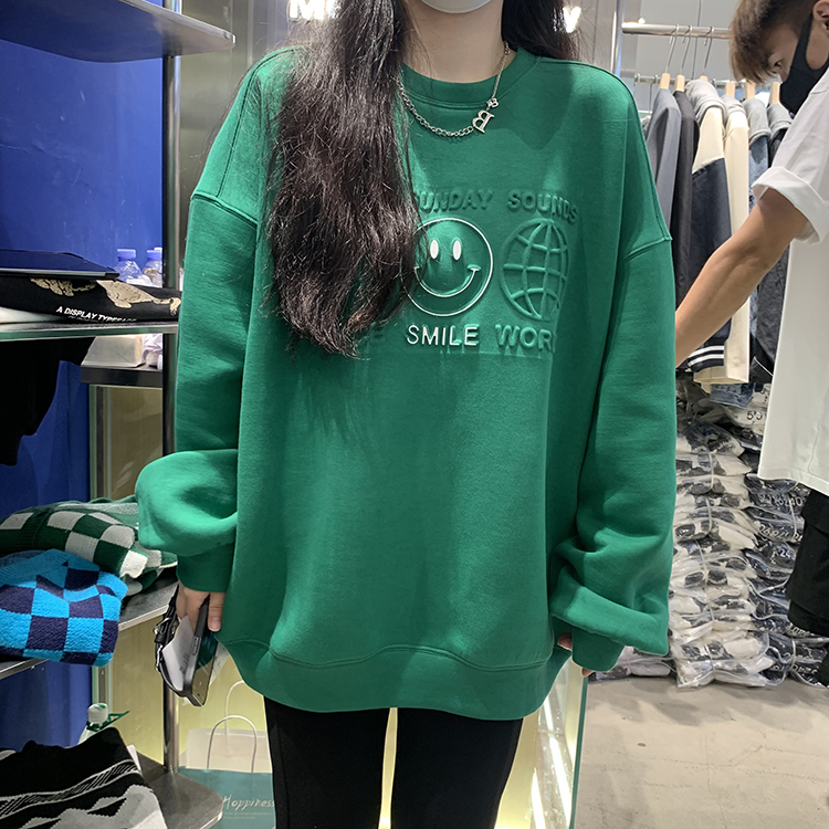 新款韩版宽松bf慵懒风压花中长款上衣潮