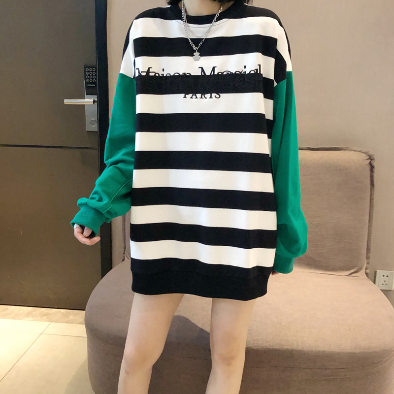 撞色条纹拼接刺绣卫衣女中长款秋季新款圆领套头长袖上衣