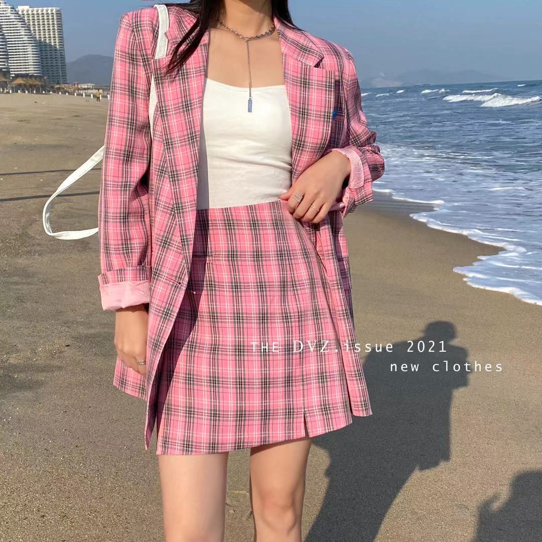 新款韩版英伦风复古宽松西服裙子套装