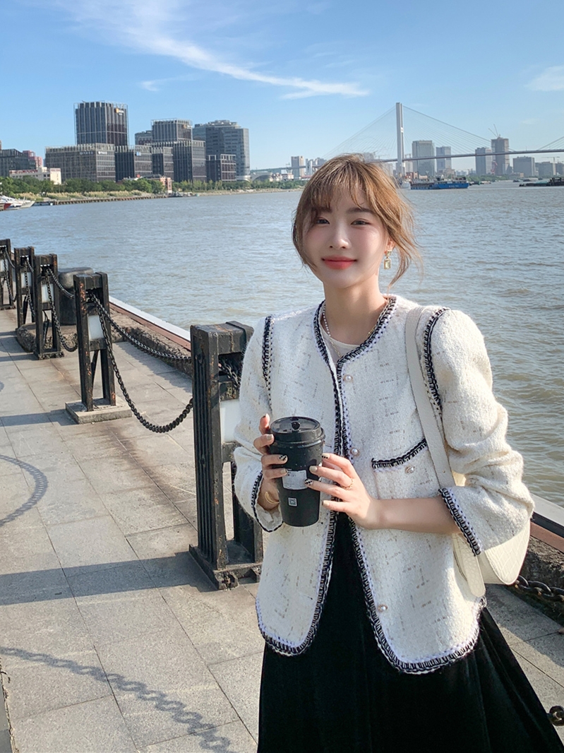 秋新款通勤粗花呢时尚法式设计感撞色直筒短上衣