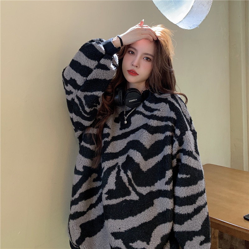 斑马纹毛绒卫衣女加绒加厚秋冬季新款oversize宽松慵懒风上衣