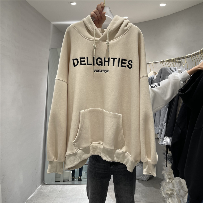 秋冬新款韩版宽松中长款慵懒风字母刺绣连帽抽绳卫衣女潮