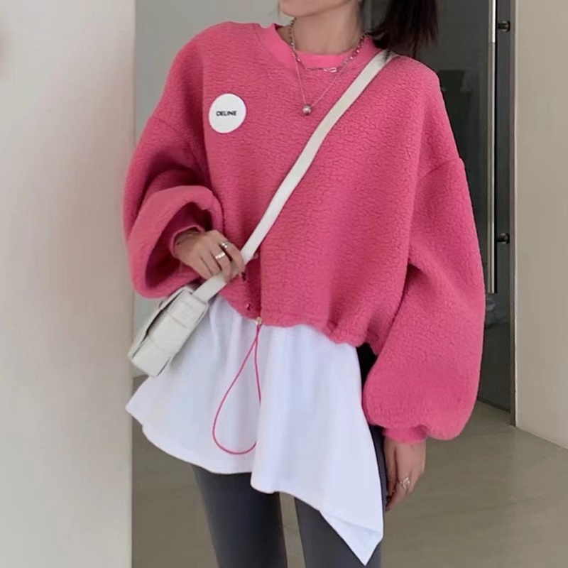 糖果色颗粒绒卫衣女冬季新韩版宽松贴标套头拼接下摆假两件上衣