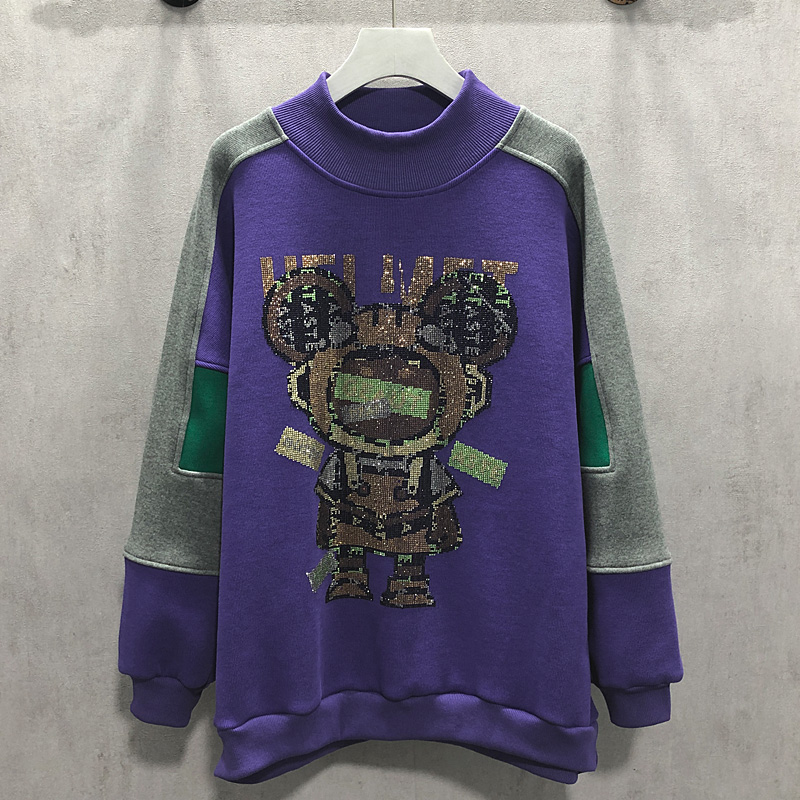 欧洲站卡通烫钻字母拼色半高领加绒加厚卫衣女休闲宽松外套潮