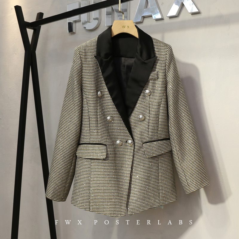 秋季新款复古气质修身显瘦亮片千鸟格毛呢西装外套女休闲西服上衣
