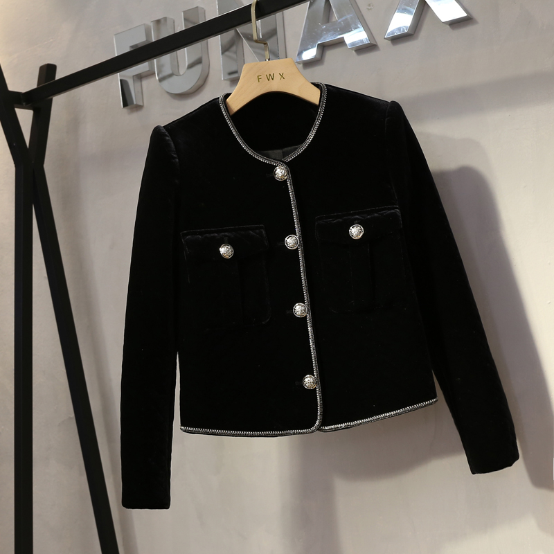 新款名媛气质小个子烫钻金丝绒夹克上衣短款