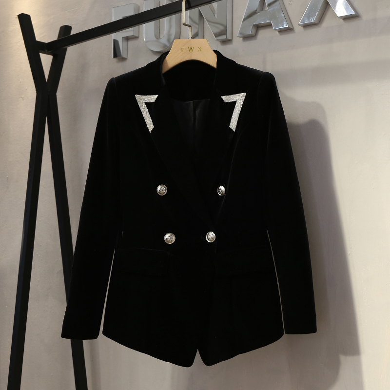 秋冬新款韩版时尚收腰显瘦双排扣烫钻金丝绒西装外套女小西服