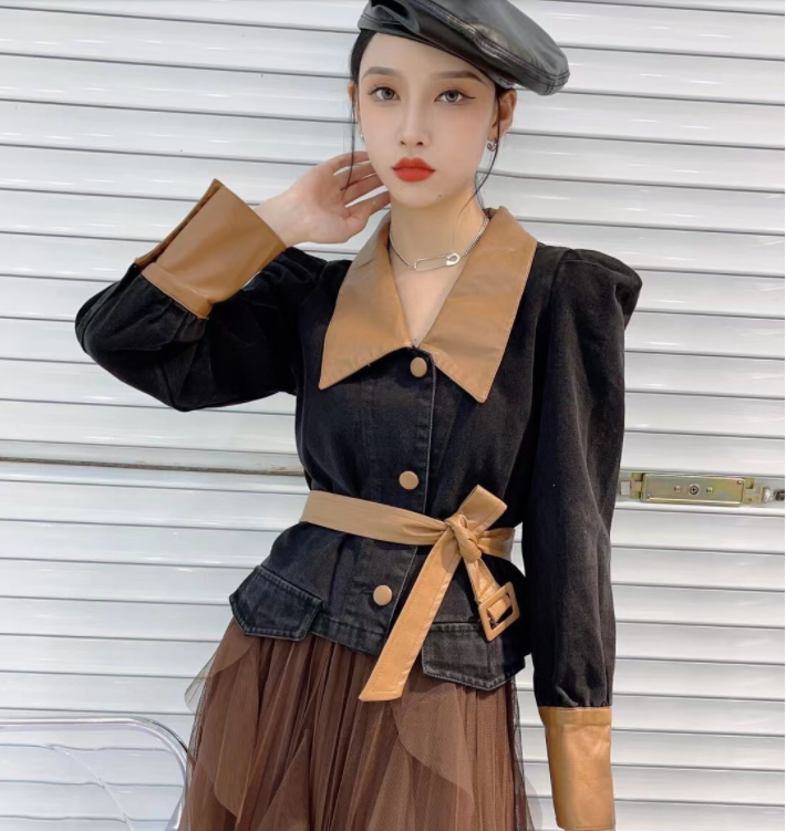 泡泡袖拼接PU牛仔短外套韩版秋装上衣收腰小个子超短裤黑色