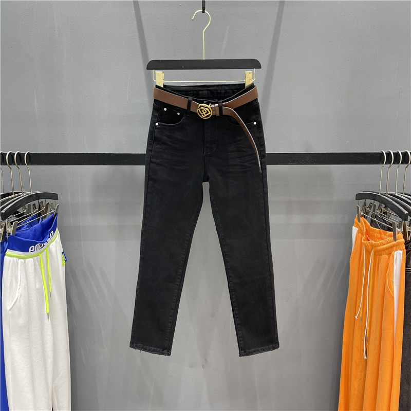 秋季新款口袋磨破黑色高腰牛仔直筒裤女显瘦九分烟管裤