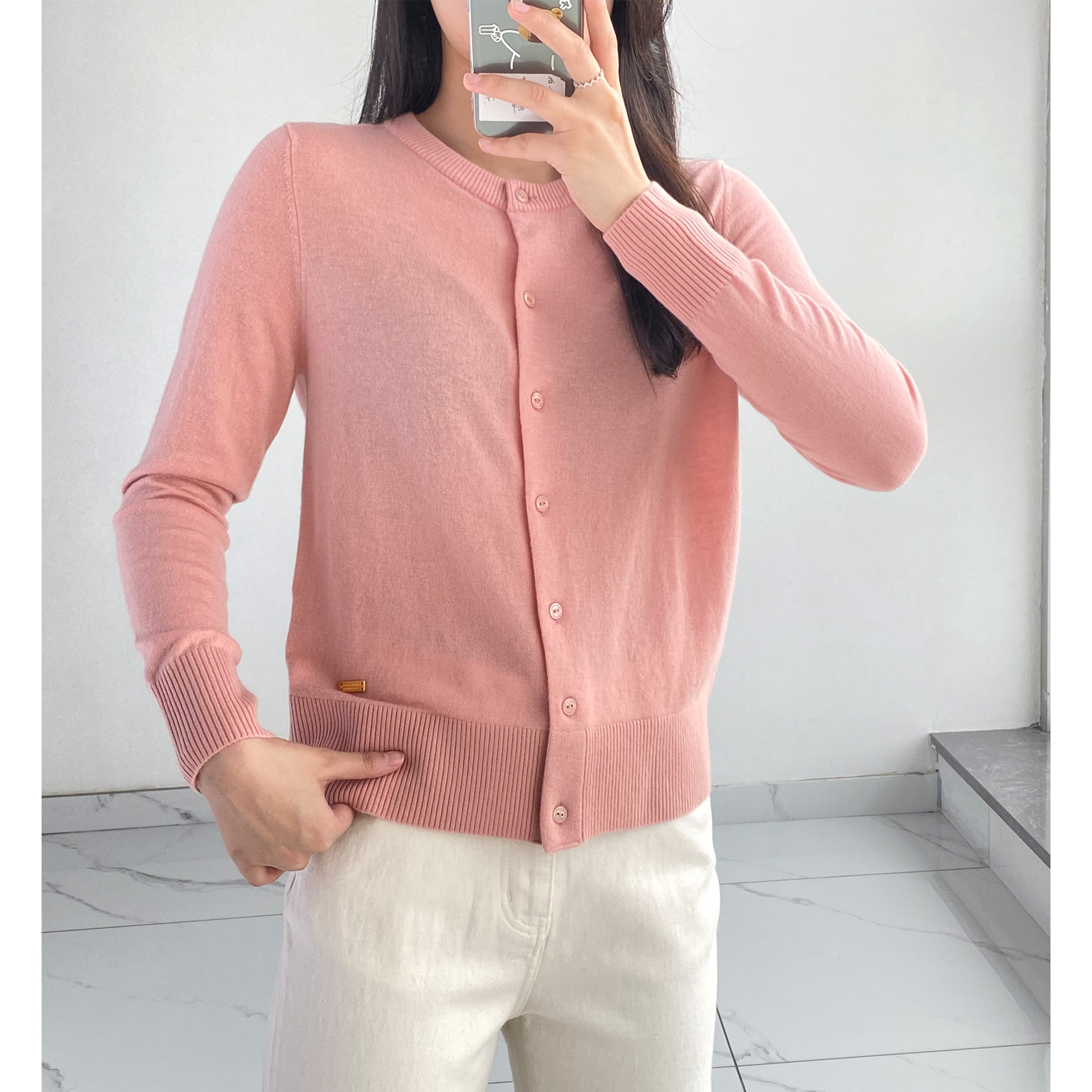 简约百搭羊毛羊绒圆领小开衫女