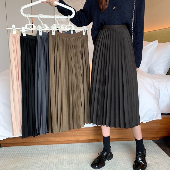 百搭气质高腰A字半身裙子春秋季新款女中长款遮胯黑色百褶裙