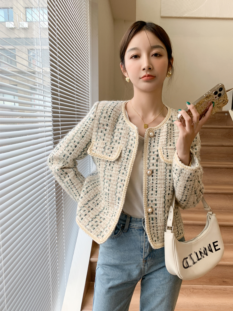 圆领小香风粗花呢羊毛外套女短款秋季新款编织百搭西装上衣