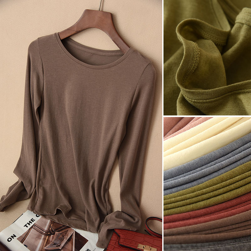女士羊毛圆领打底衫 长绒棉修身保暖长袖T恤纯色基础款 秋冬女装
