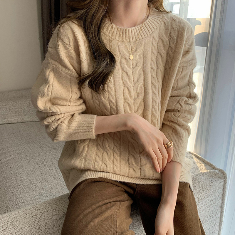 温柔风日系毛衣女套头宽松外穿针织打底衫秋冬季糖果色麻花上衣厚