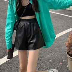 新款韩版高腰显瘦开叉皮短裤女阔腿休闲裤