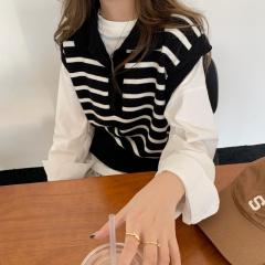 秋季韩系撞色条纹POLO领针织马甲短款背心女无袖马夹上衣潮