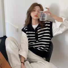 秋季韩系撞色条纹POLO领针织马甲短款背心女无袖马夹上衣潮