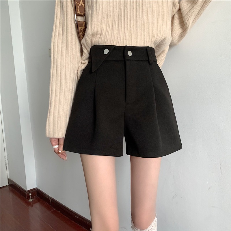 阔腿黑色短裤潮秋冬新款韩版复古高腰显瘦加厚靴裤休闲裤女