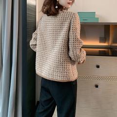新款韩版开衫格子卡其色时尚短款上衣