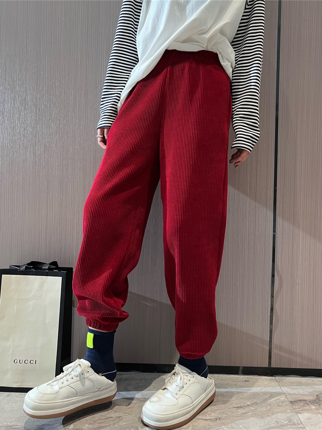 韩国东大门束口灯笼裤冬百搭质感坑条灯芯绒休闲束脚裤长裤女