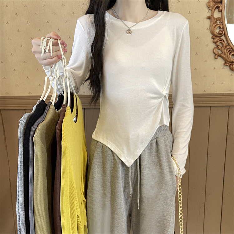 不规则t恤女秋季新款韩版新款设计感小众短款修身内搭打底上衣ins