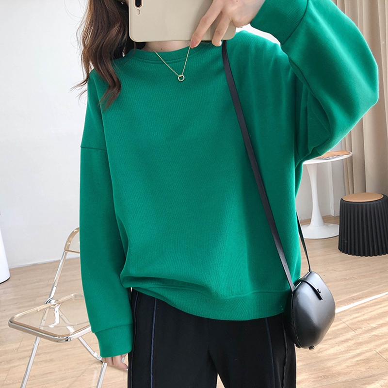 韩国纯色圆领套头卫衣女秋季百搭宽松显瘦纯棉上衣休闲外套潮