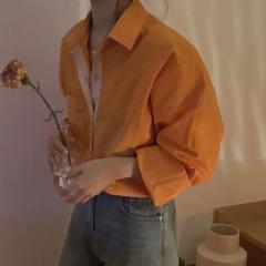 韩国衬衫女宽松气质简约通勤纯棉POLO领橘色衬衣早春新款上衣