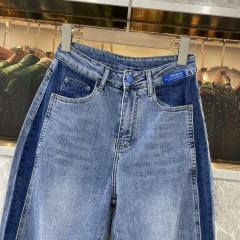 牛仔裤女蓝色深色拼色老爹裤哈伦垮裤