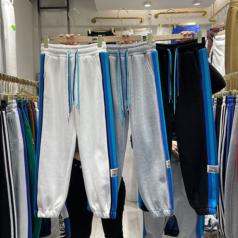 白色卫裤女潮欧货春克莱因蓝撞色拼接彩色织带高腰宽松束脚哈伦裤