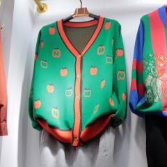 V领撞色小苹果图案中年外套单排扣针织开衫女