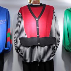 新款漂亮休闲条纹衬衫拼接v领针织衫女宽松显瘦假两件上衣