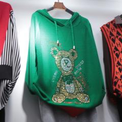 春季款亮钻针织冰麻衫女时尚烫钻减龄洋气显瘦打底衫连帽衫