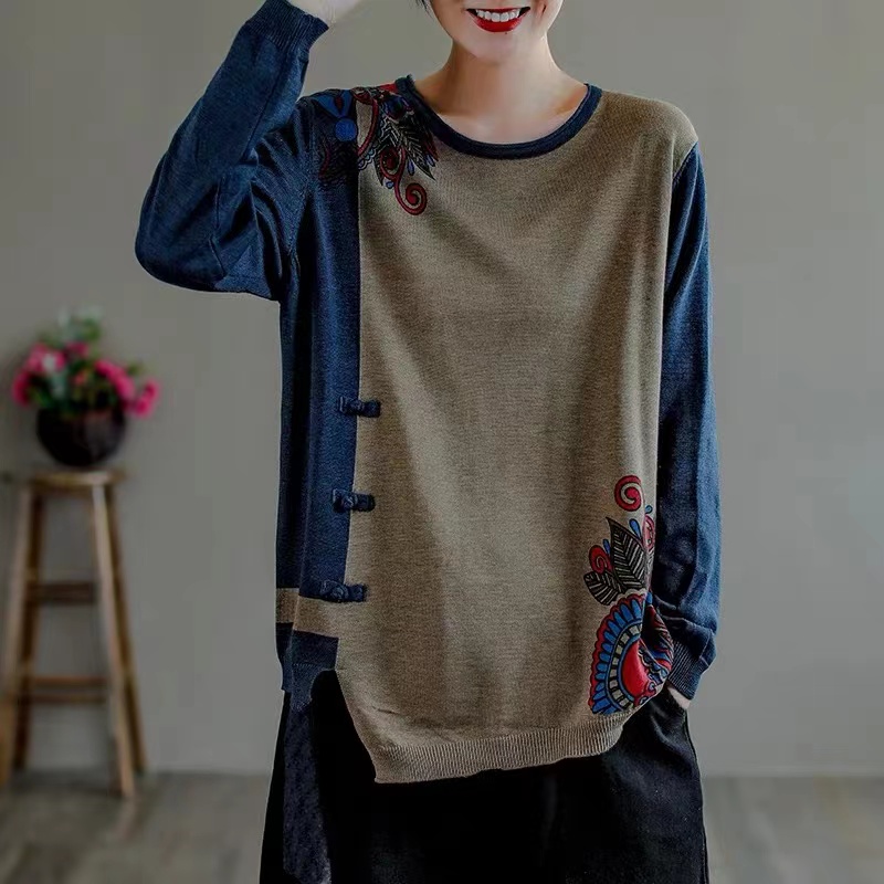 春季新款盘扣中式撞色印花棉线针织衫宽松套头长袖上衣