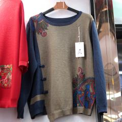 春季新款盘扣中式撞色印花棉线针织衫宽松套头长袖上衣