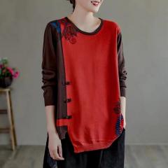 春季新款盘扣中式撞色印花棉线针织衫宽松套头长袖上衣