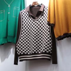 欧货假两件棋盘格针织衫女早春新款毛衣淑女风长袖翻领打底