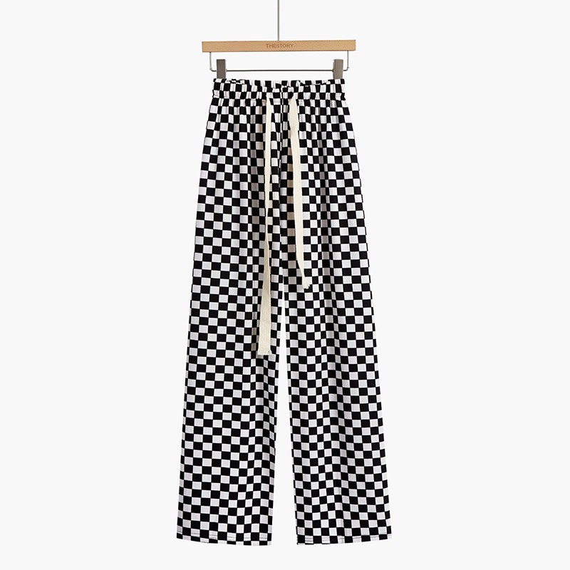 格子裤女高腰垂感新款春装棋盘格抽绳小个子直筒显瘦休闲裤子