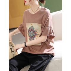 欧洲站大码新款印花钉珠荷叶边短袖T恤宽松胖妹妹女装夏装