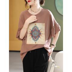 欧洲站大码新款印花钉珠荷叶边短袖T恤宽松胖妹妹女装夏装