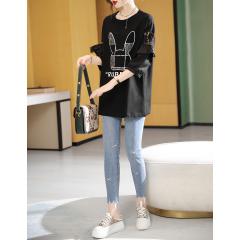 新款蕾丝拼接印花铆钉T恤宽松胖妹妹女装