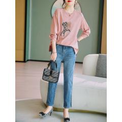 欧洲站大码新款烫钻蕾丝拼接小熊T恤