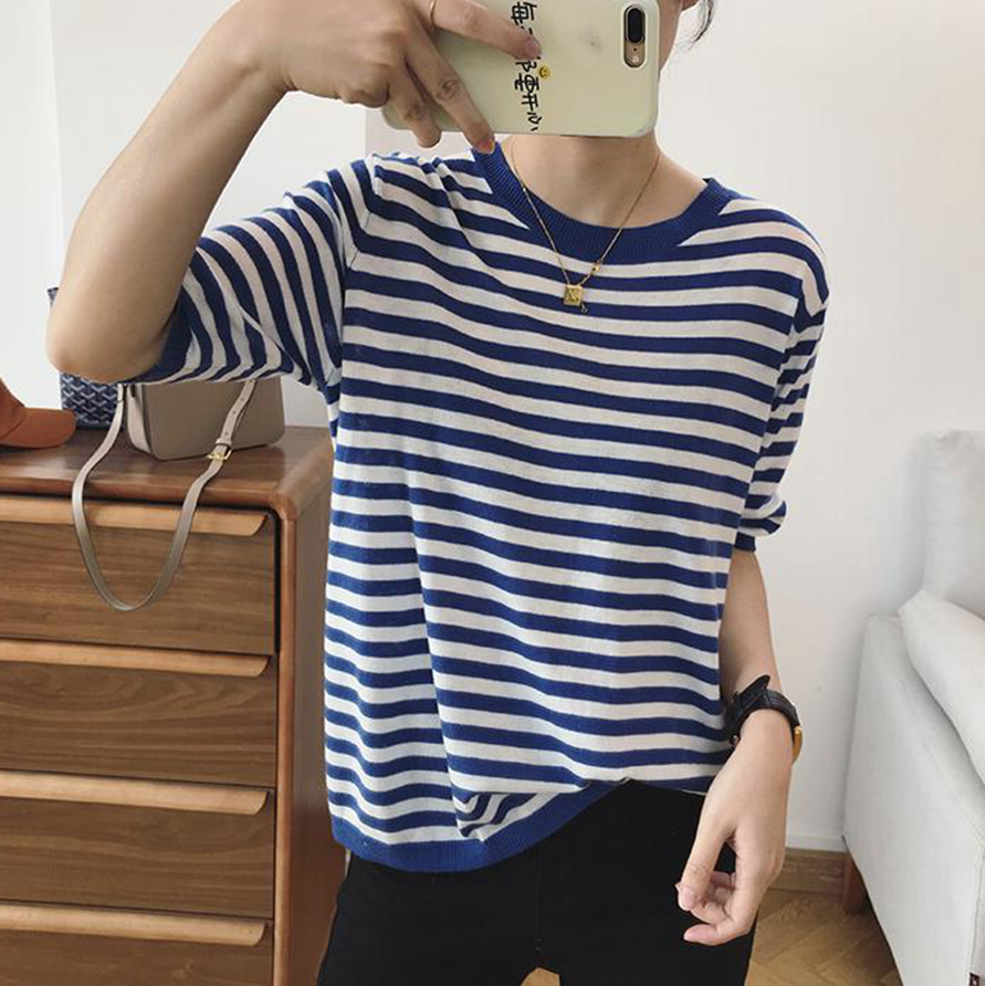 宽松直筒新款条纹chic港味冰丝薄款ins潮圆领女士短袖体恤