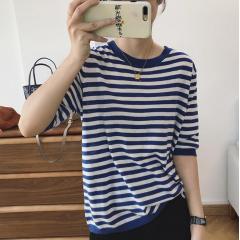宽松直筒新款条纹chic港味冰丝薄款ins潮圆领女士短袖体恤