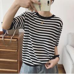 宽松直筒新款条纹chic港味冰丝薄款ins潮圆领女士短袖体恤